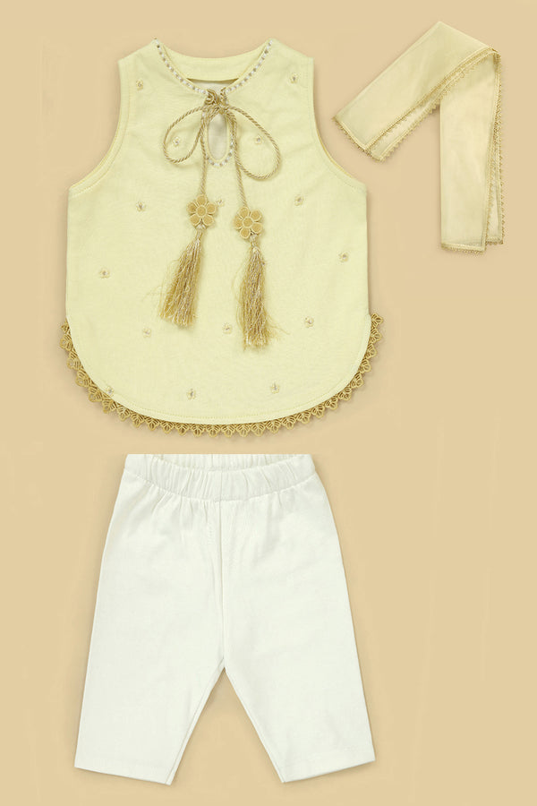 Eid All Over Embroidered Toddler Kurta Set with Lace Detailing/Butter Yellow