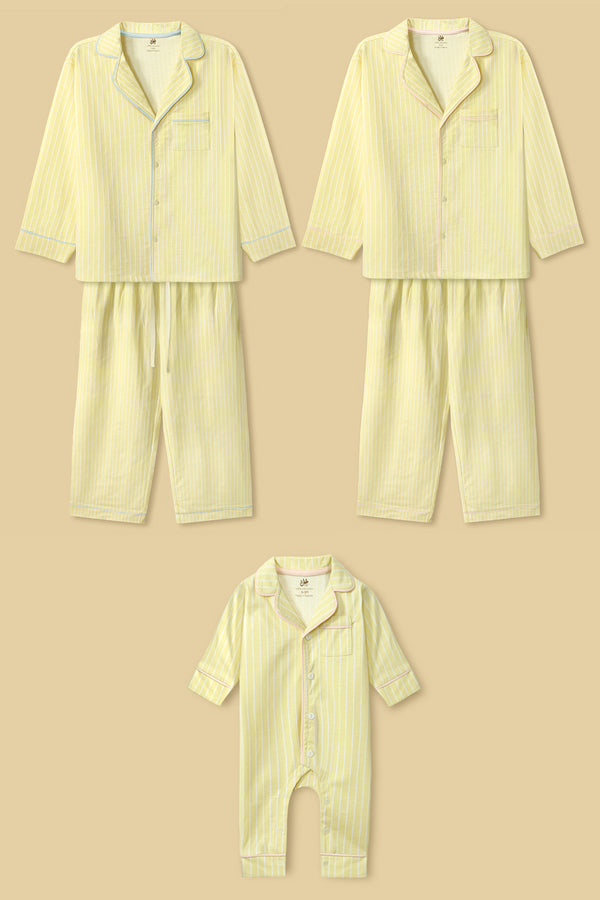 Dad Mom Mini Butter Yellow Stripe Printed Loungewear-Girls theme Bundle of 3