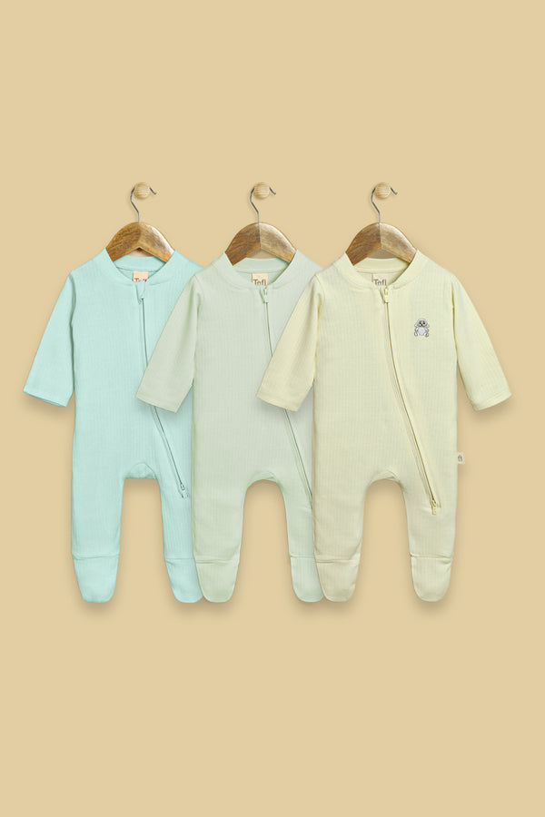 Embroidered Double Zipper Haml Baby Sleepsuit Boy-Pack of 3
